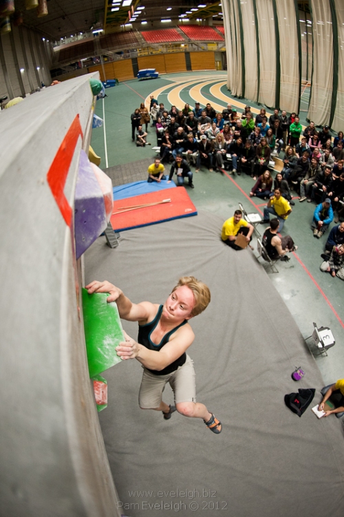 Sticking "impossible moves" on Women's problem #4 at my first Open Finals Comp.Photo Credit Pam Eveleigh