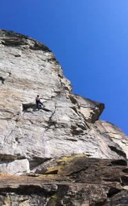 Pushing through the long, sustained crux that follows the seam and leads to the awesome ledges!